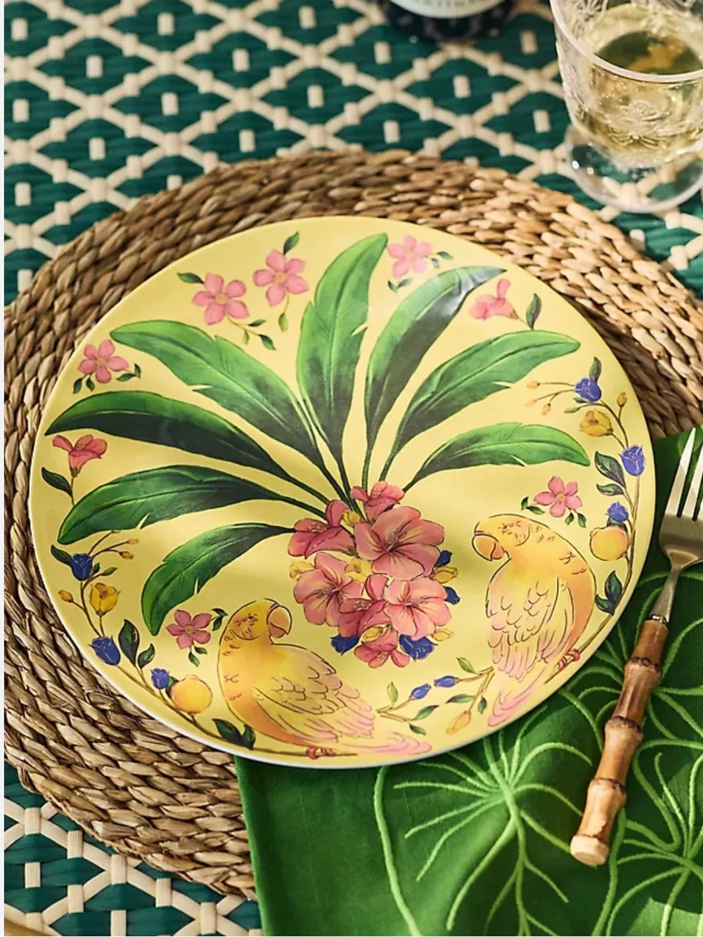 Farm Rio x Anthropologie Melamine Dinner Plate Yellow Tropical Parrots Hibiscus